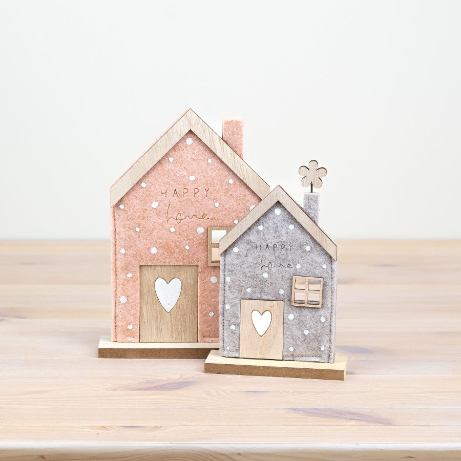 Grey Felt Happy Home Decoration – 18.5cm – Freestanding Felt House Ornament – Rustic Shelf Decor – Neutral Minimalist Home Accent – Gift for Housewarming