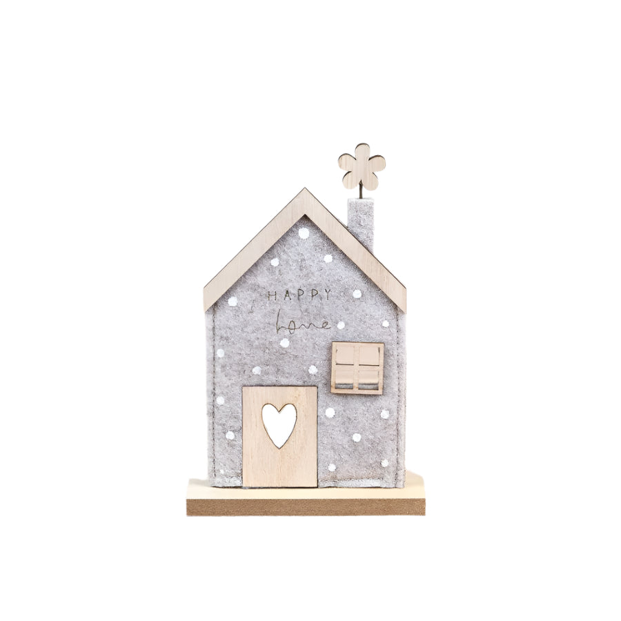 Grey Felt Happy Home Decoration – 18.5cm – Freestanding Felt House Ornament – Rustic Shelf Decor – Neutral Minimalist Home Accent – Gift for Housewarming