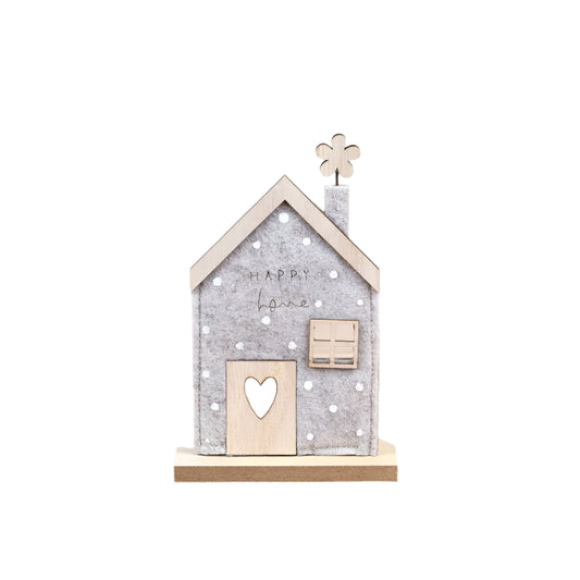 Grey Felt Happy Home Decoration – 18.5cm – Freestanding Felt House Ornament – Rustic Shelf Decor – Neutral Minimalist Home Accent – Gift for Housewarming