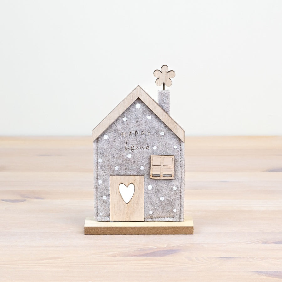 Grey Felt Happy Home Decoration – 18.5cm – Freestanding Felt House Ornament – Rustic Shelf Decor – Neutral Minimalist Home Accent – Gift for Housewarming