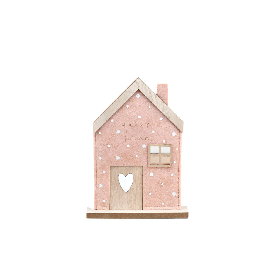 Pink Happy Home Felt House – 22cm – Freestanding Felt Ornament – Soft Pastel Home Decor – Nursery or Shelf Accent – Cozy Rustic Gift for New Homeowners