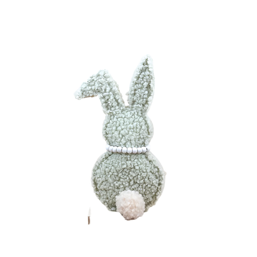 Sherpa Rabbit Decoration – 2 Assorted Green & Brown Bunnies on Wooden Base – 17cm Easter Shelf Decor – Cozy Cottage Spring Ornament – Style Sent Randomly