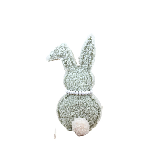 Sherpa Rabbit Decoration – 2 Assorted Green & Brown Bunnies on Wooden Base – 17cm Easter Shelf Decor – Cozy Cottage Spring Ornament – Style Sent Randomly
