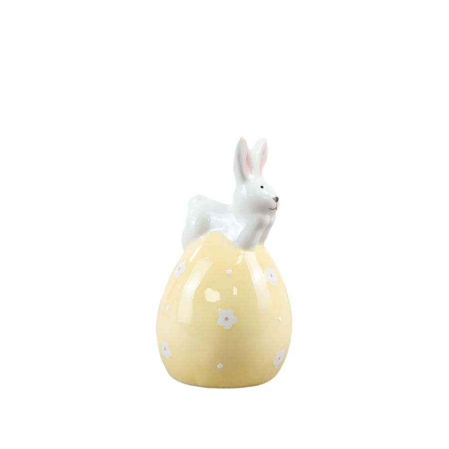 Rabbit on Egg Ornament 10.3cm – Ceramic Easter Bunny Figurine with Speckled Egg – Hand-Painted Springtime Decoration for Mantels, Shelves & Seasonal Displays – Whimsical Pastel Easter Décor