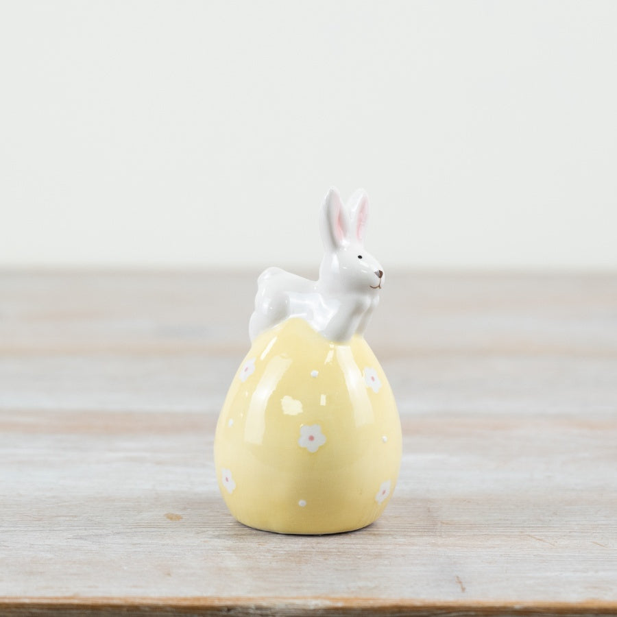 Rabbit on Egg Ornament 10.3cm – Ceramic Easter Bunny Figurine with Speckled Egg – Hand-Painted Springtime Decoration for Mantels, Shelves & Seasonal Displays – Whimsical Pastel Easter Décor