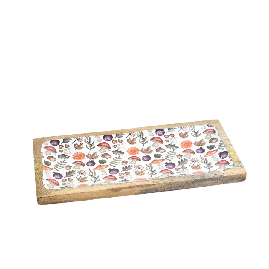 Mushroom Design Wooden Serving Tray 40cm – Rustic Woodland Decorative Tray with Handles for Snacks, Drinks, or Display – Nature-Inspired Boho Home Décor