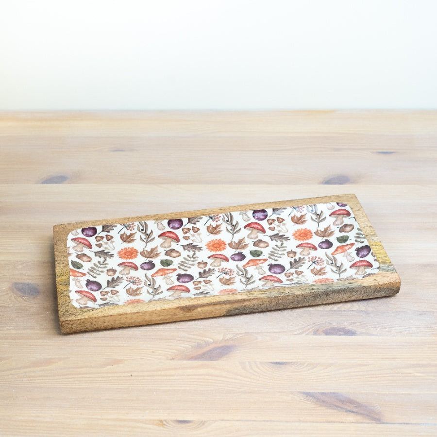 Mushroom Design Wooden Serving Tray 40cm – Rustic Woodland Decorative Tray with Handles for Snacks, Drinks, or Display – Nature-Inspired Boho Home Décor