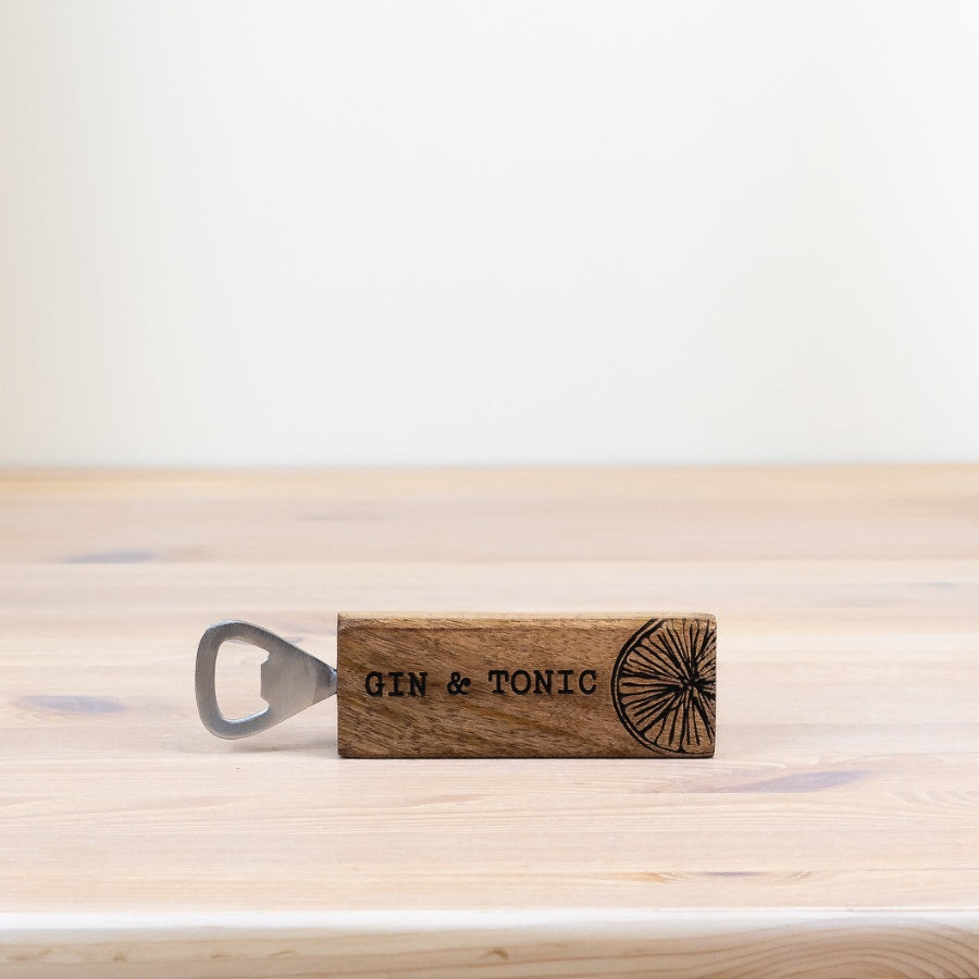 Gin & Tonic Bottle Opener 16cm – Rustic Metal Bar Tool with Fun Quote & Wood Handle – Gift for Gin Lovers, Cocktail Fans & Home Bar Enthusiasts