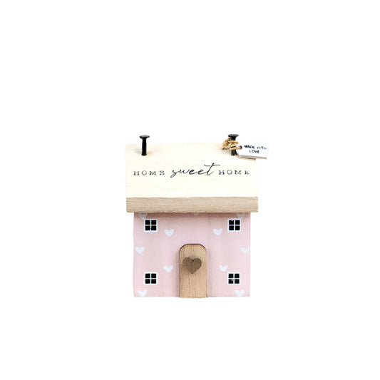Pink "Home Sweet Home" House Sculpture 8.5cm – Cozy Wood Décor with Hand-Painted Details – Welcoming Message for Living Room, Kitchen, or Shelf – Perfect Housewarming Gift