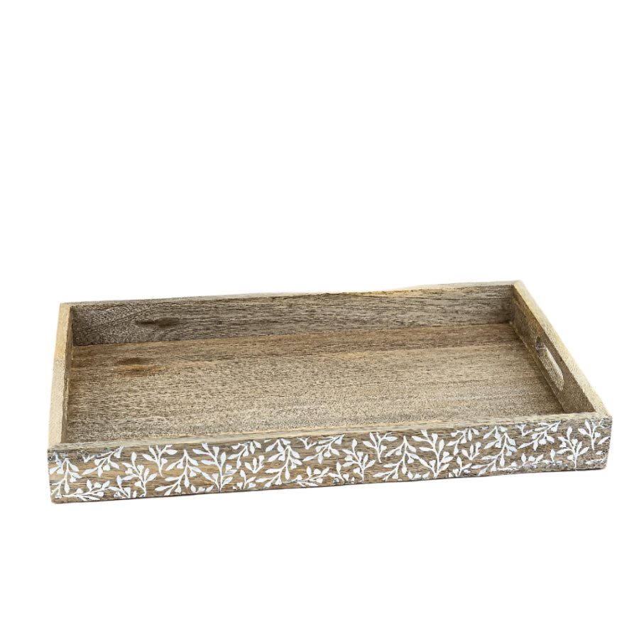 Flower Design Wooden Tray 45cm – Intricately Carved Floral Pattern – Large Serving Tray for Drinks, Snacks, or Decorative Display – Natural Wood Finish