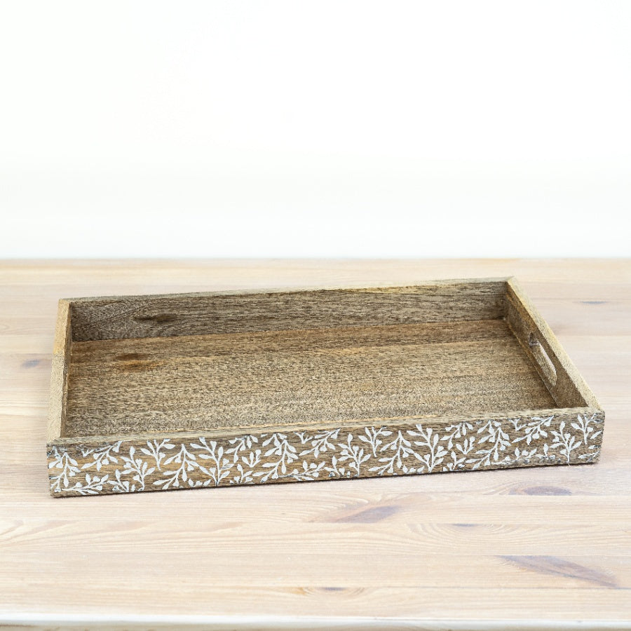 Flower Design Wooden Tray 45cm – Intricately Carved Floral Pattern – Large Serving Tray for Drinks, Snacks, or Decorative Display – Natural Wood Finish