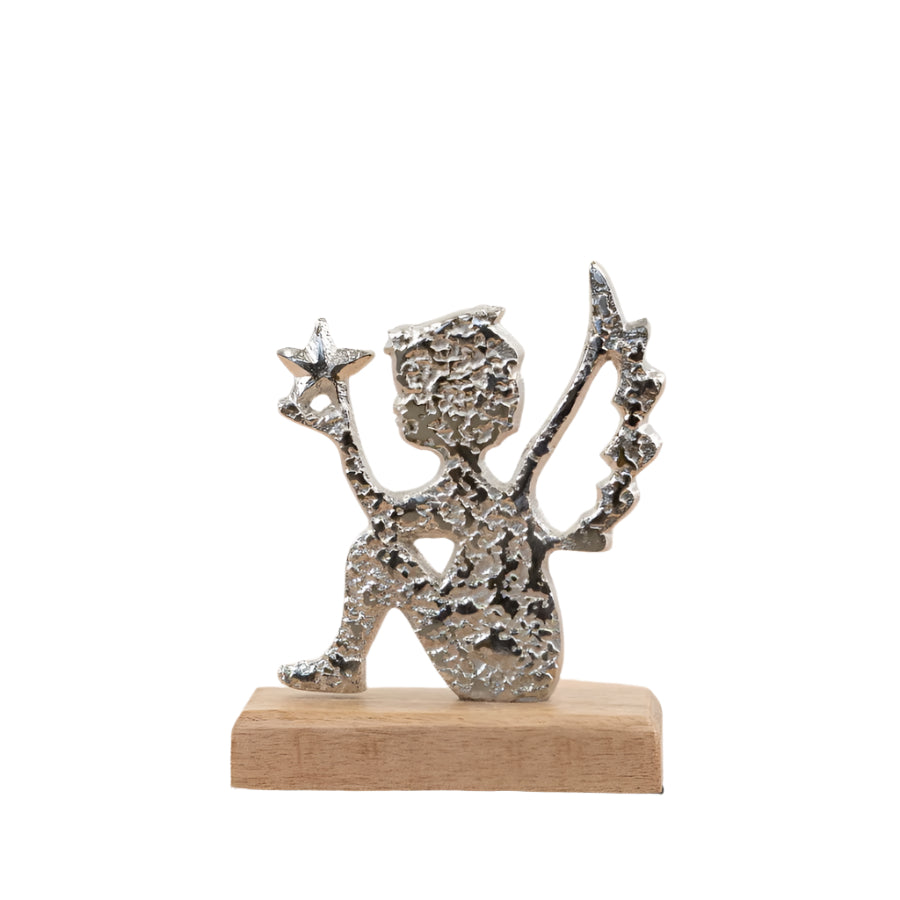 Hammered Aluminium Angel on Mango Wood Base 15cm, Elegant Home Decor
