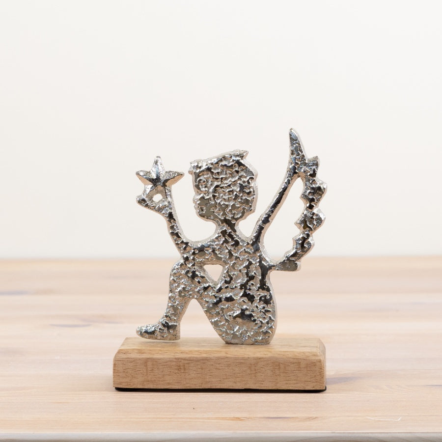 Hammered Aluminium Angel on Mango Wood Base 15cm, Elegant Home Decor