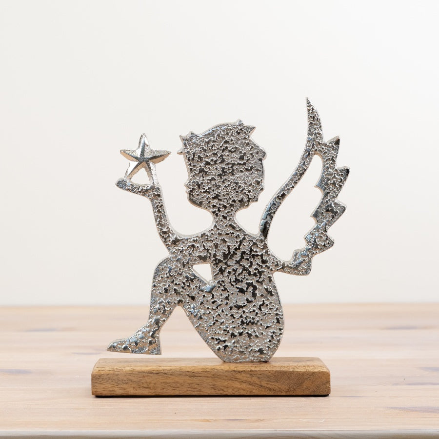 Angel Silhouette with Star on Wood Base 25cm, Chic Seasonal Ornament