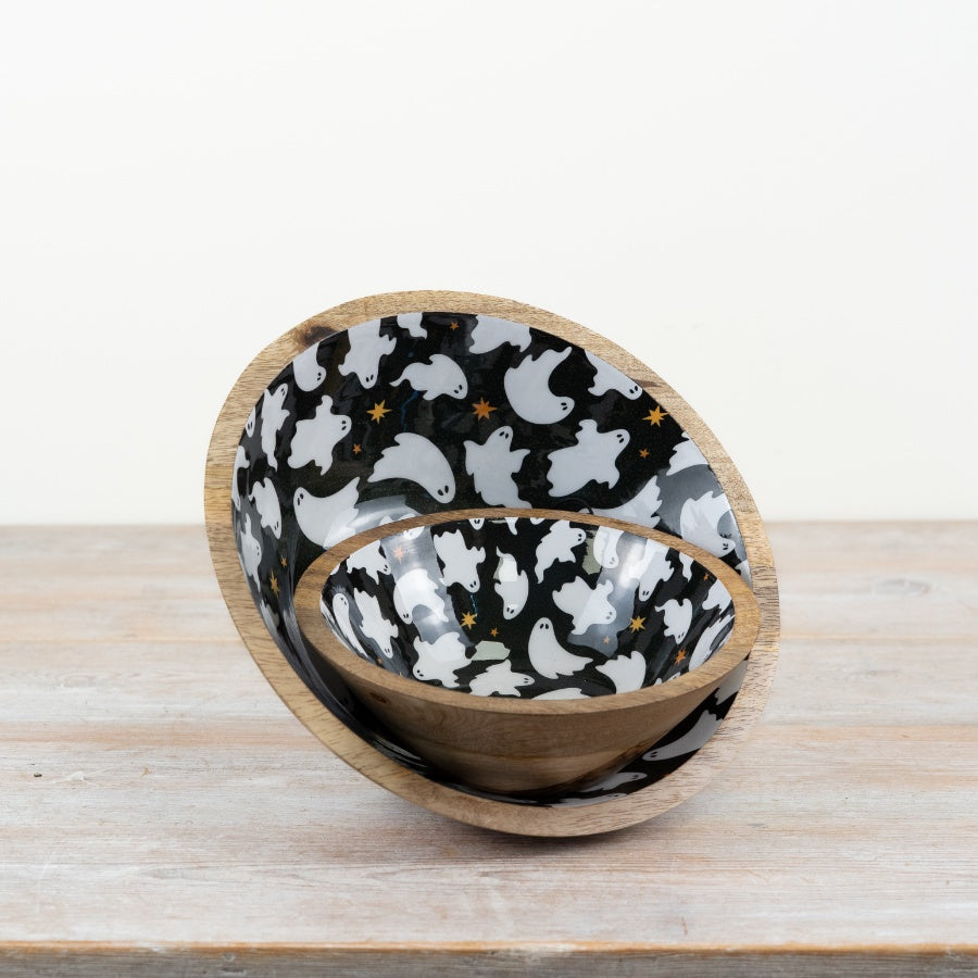 Ghost Design Enamel and Wood Bowl 23cm, Spooky Chic Halloween Decor