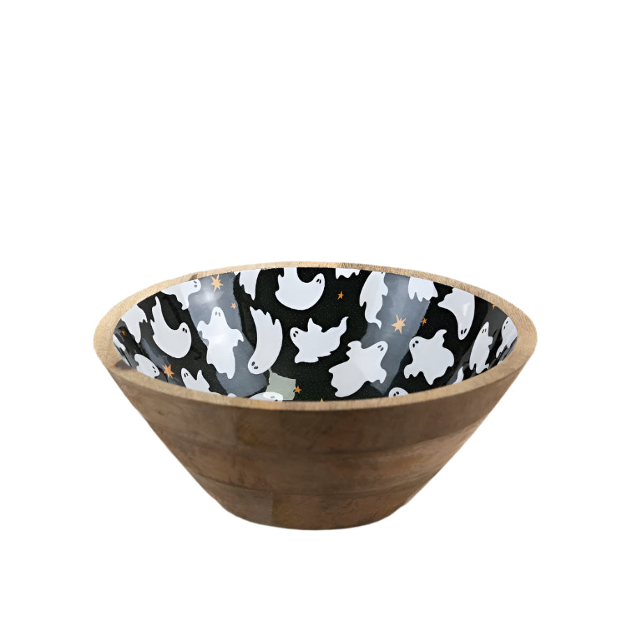 Ghost Design Enamel and Wood Bowl 23cm, Spooky Chic Halloween Decor