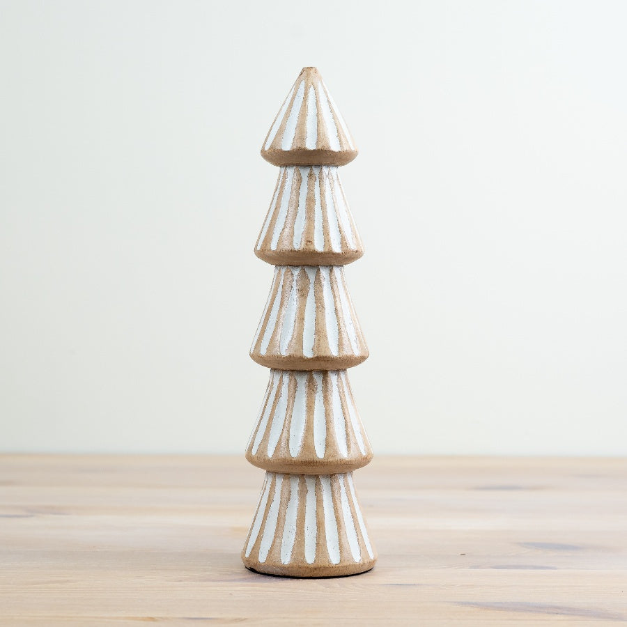Washed Mango Wood Tree 28cm Carved Pattern Whitewashed Rustic Decor