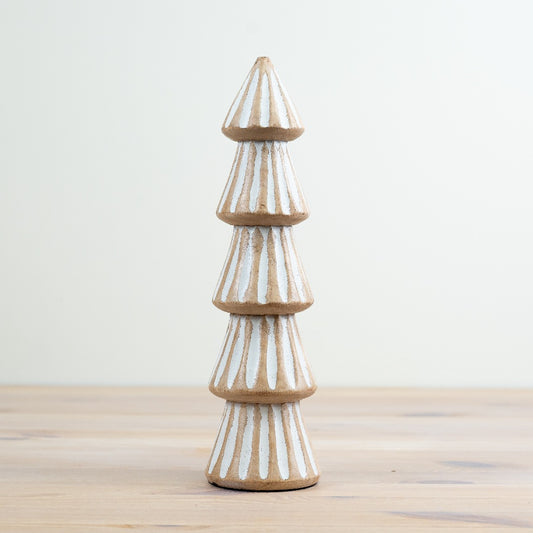Washed Mango Wood Tree 28cm Carved Pattern Whitewashed Rustic Decor
