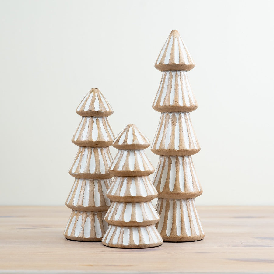 Washed Mango Wood Tree 28cm Carved Pattern Whitewashed Rustic Decor