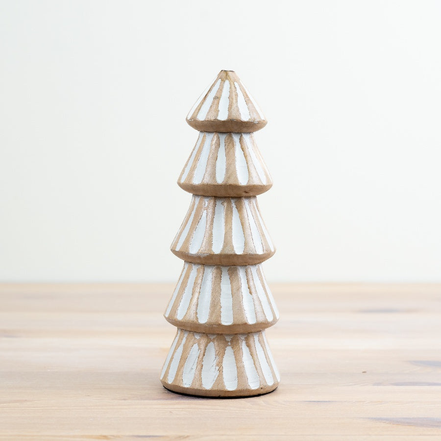 Washed Mango Wood Tree 20cm Carved Pattern Whitewashed Rustic Décor