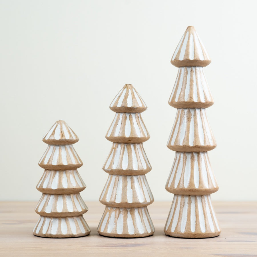 Washed Mango Wood Tree 15cm Carved Pattern Whitewashed Rustic Decor