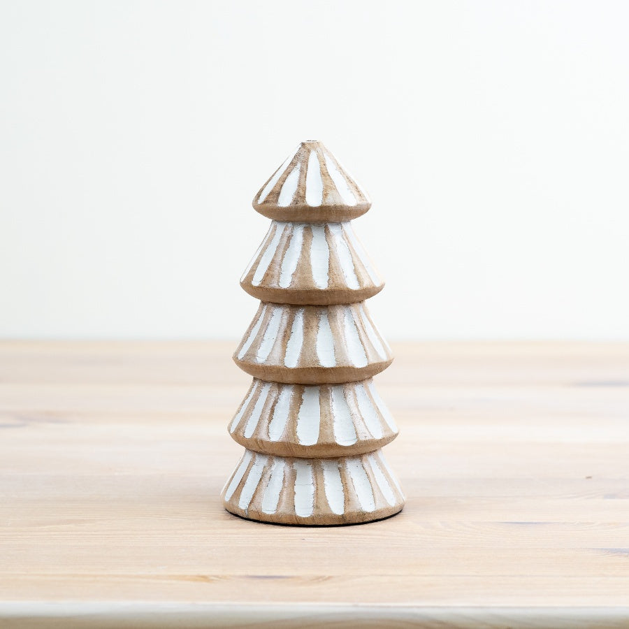 Washed Mango Wood Tree 15cm Carved Pattern Whitewashed Rustic Decor