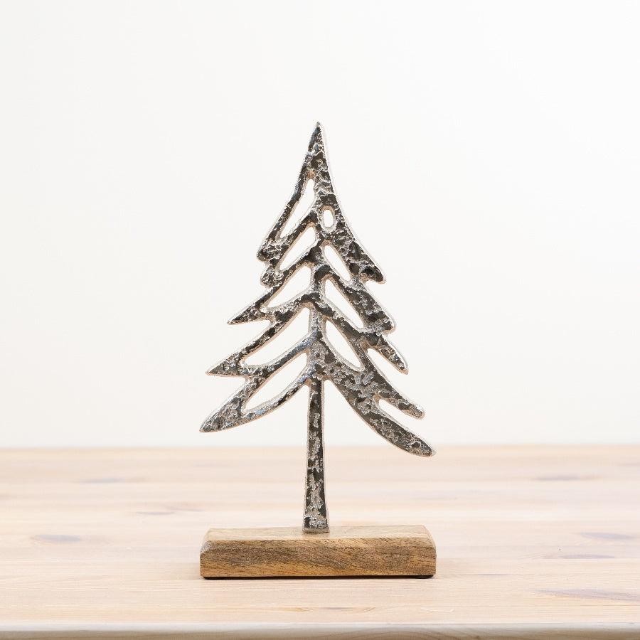 Metal Tree on Wooden Base 29cm, Modern Rustic Nature-Inspired Decor