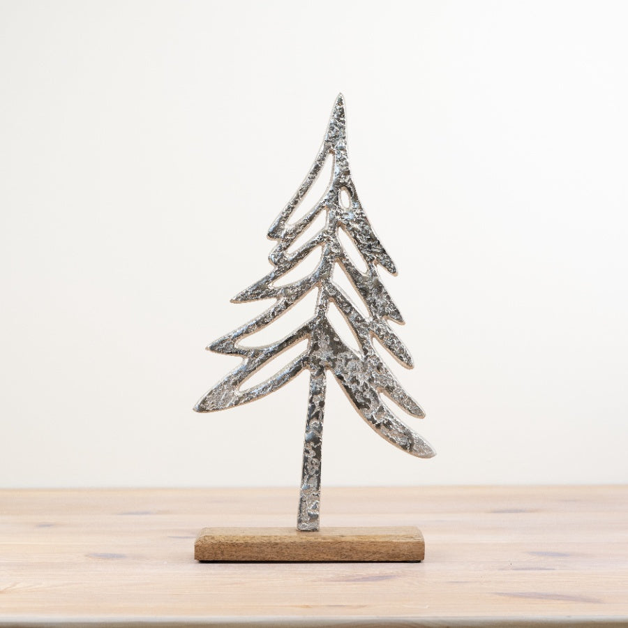 Aluminium Christmas Tree on Base 41cm Silver Hammered Effect Rustic Festive Decor
