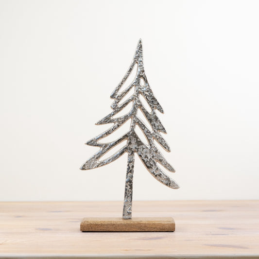 Aluminium Christmas Tree on Base 41cm Silver Hammered Effect Rustic Festive Decor