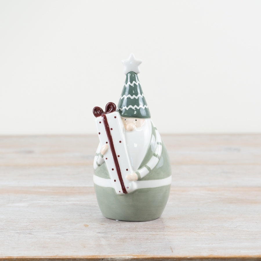 Green Santa Holding Present Ornament – 17cm Festive Christmas Decoration, Holiday Figurine