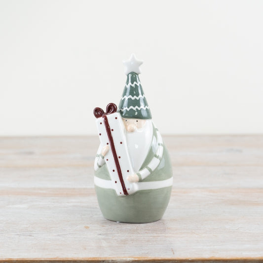 Green Santa Holding Present Ornament – 17cm Festive Christmas Decoration, Holiday Figurine