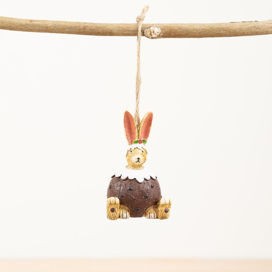 Hanging Rabbit in Christmas Pudding 8cm Festive Ornament with Jute String