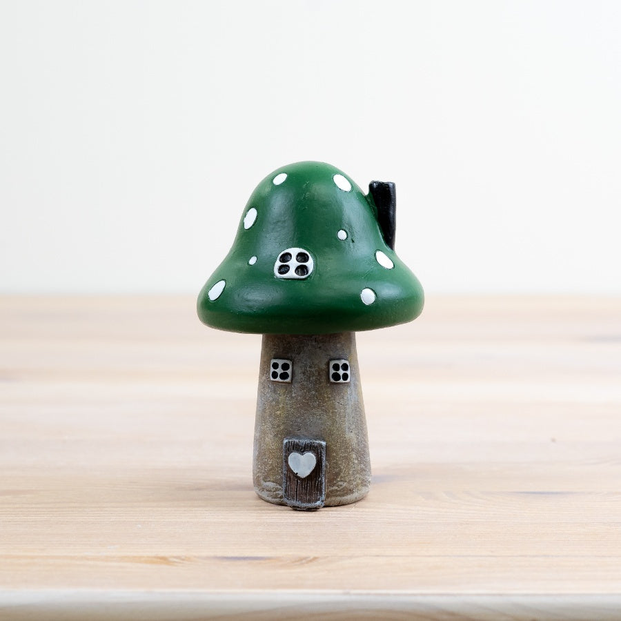 Green Mushroom House Ornament 10cm Woodland Fairy Home with 3D Door and Heart