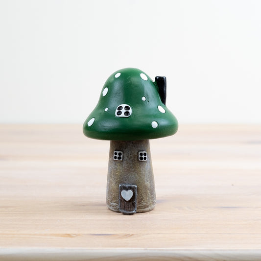 Green Mushroom House Ornament 10cm Woodland Fairy Home with 3D Door and Heart