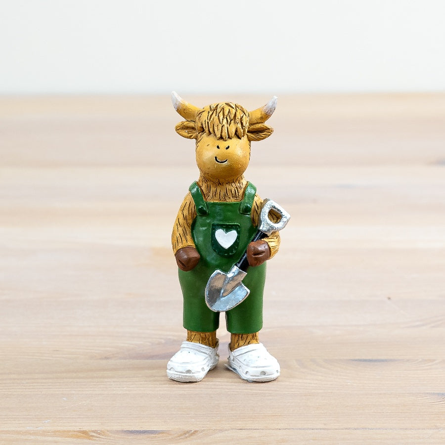 Highland Cow Holding Shovel 12cm Whimsical Farm Animal Figurine