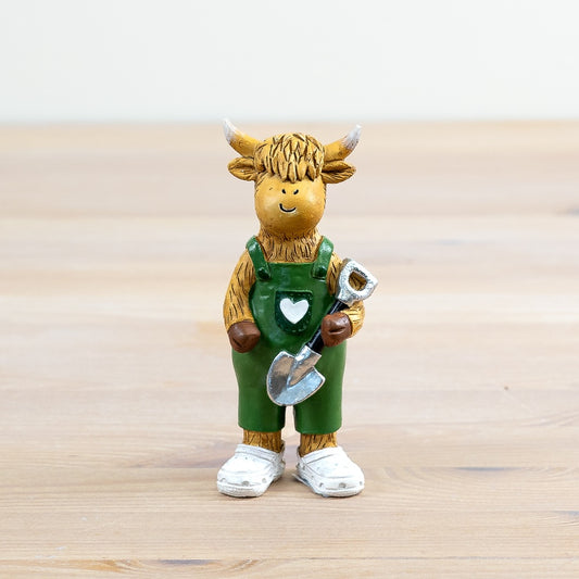 Highland Cow Holding Shovel 12cm Whimsical Farm Animal Figurine
