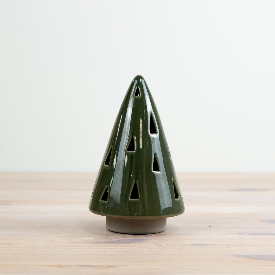 Green LED Christmas Tree – 15cm Glazed Ceramic Ornament with Triangle Cutouts, Warm Glow
