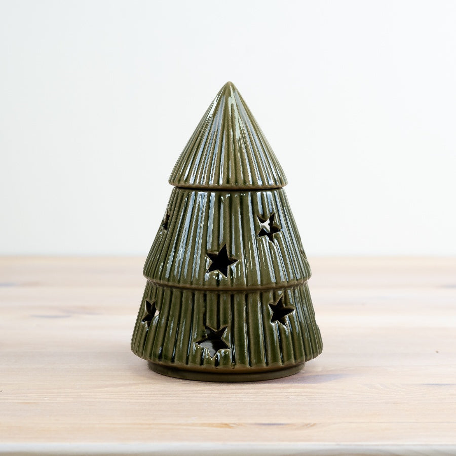 Green Christmas Tree Oil Burner – 17cm Festive Ceramic Fragrance Holder with Star Cutouts