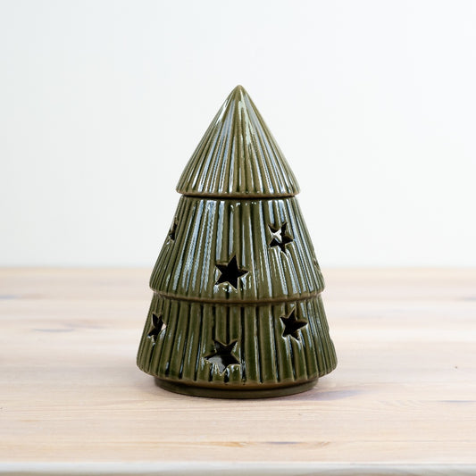 Green Christmas Tree Oil Burner – 17cm Festive Ceramic Fragrance Holder with Star Cutouts