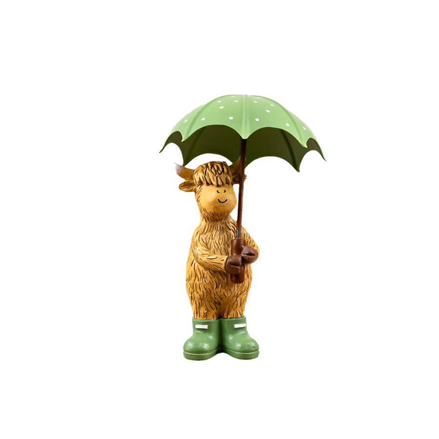 Highland Cow with Umbrella and Wellies 16cm Porcelain British Countryside Decor