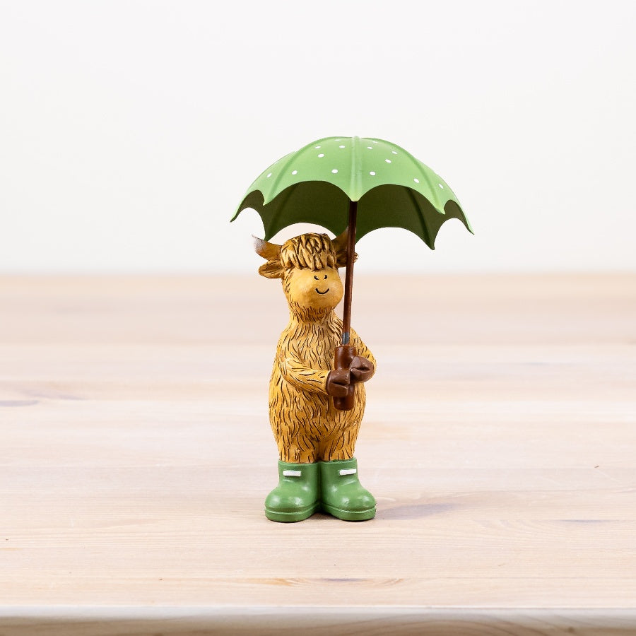 Highland Cow with Umbrella and Wellies 16cm Porcelain British Countryside Decor