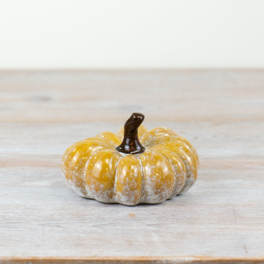 Yellow Orange Patterned Pumpkin Decoration 11cm – Porcelain Autumn Ornament Elegant Fall Home Decor