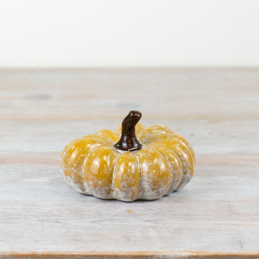 Yellow Orange Patterned Pumpkin Decoration 11cm – Porcelain Autumn Ornament Elegant Fall Home Decor