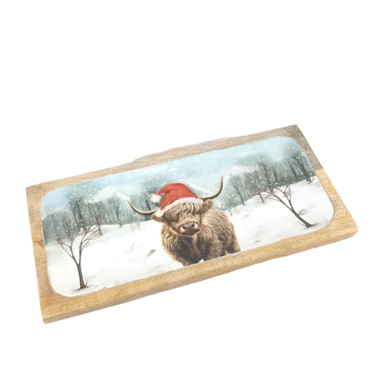 Snow Highland Cow Enamel Tray 30cm, Rustic Winter Mango Wood Decor