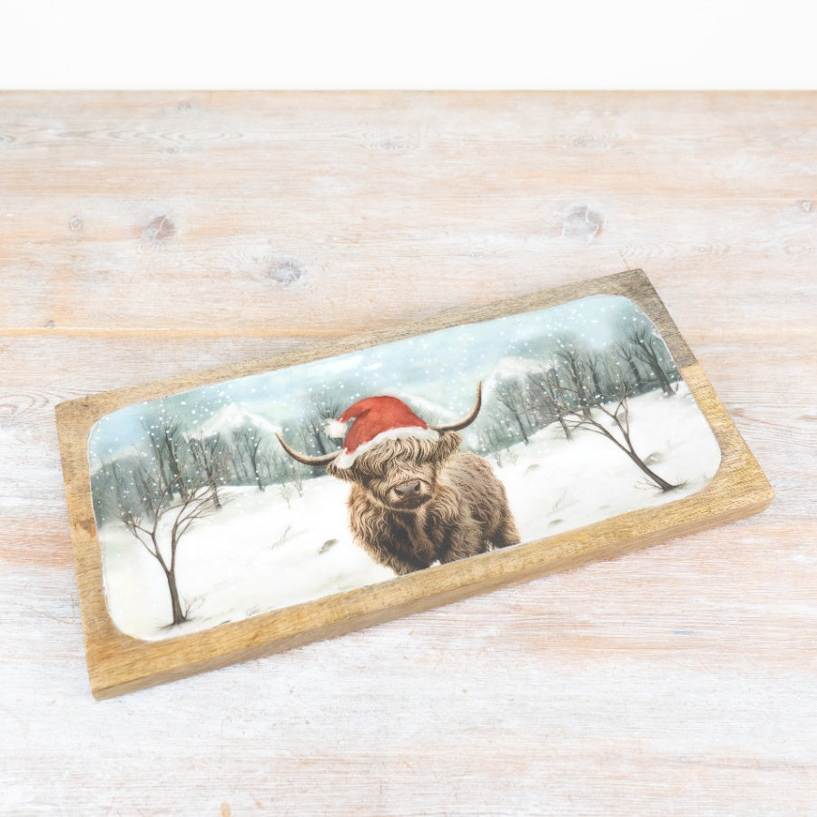 Snow Highland Cow Enamel Tray 30cm, Rustic Winter Mango Wood Decor