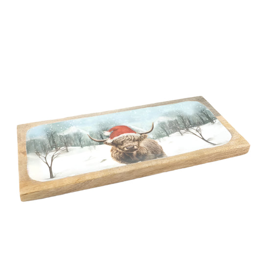 Winter Highland Cow Enamel Tray 40cm, Large Rustic Seasonal Serveware