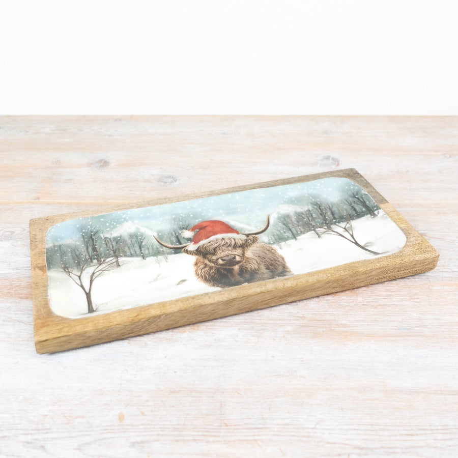 Winter Highland Cow Enamel Tray 40cm, Large Rustic Seasonal Serveware