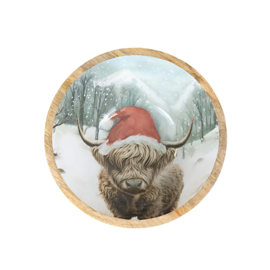 Winter Highland Cow Mango Wood Bowl 17cm, Festive Rustic Kitchenware