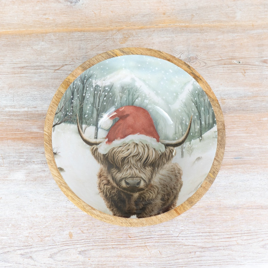 Winter Highland Cow Mango Wood Bowl 17cm, Festive Rustic Kitchenware