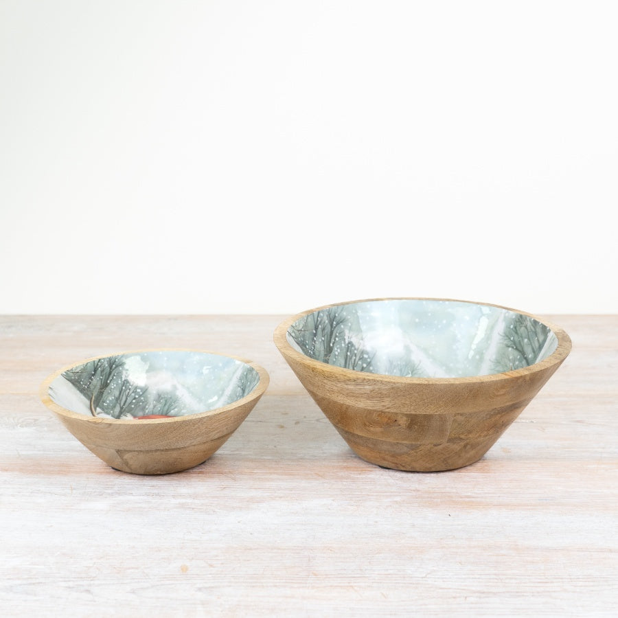 Winter Highland Cow Mango Wood Bowl 17cm, Festive Rustic Kitchenware